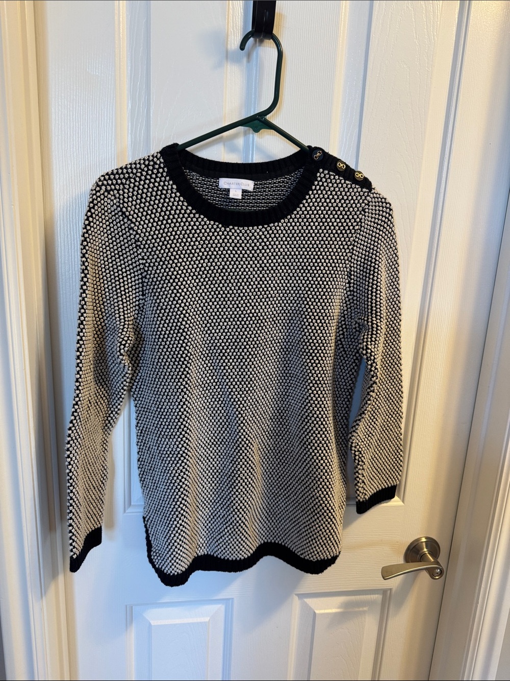 Charter Club Black and White Textured Button-Shoulder Crewneck Sweater